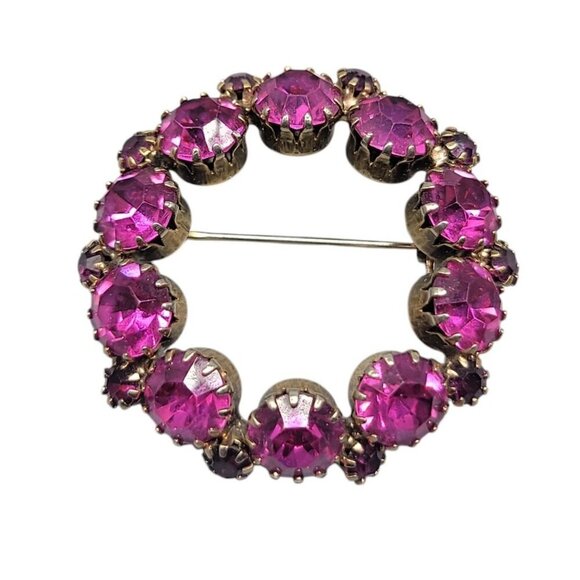 Purple & Pink Rhinestone Brooch Large Prong Set Stones Gold Tone Vintage - Picture 1 of 7